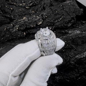 Men's hip hop silver ring featuring a large round zircon and baguette cut stones