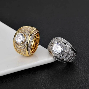 Luxurious Men Hip Hop Copper Ring Large Zirconia Center Stone Iced Out Baguette Pave Band Fashion Punk Jewelry Men Ring