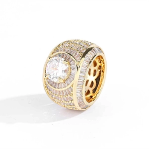 Golden hip hop ring with large round zircon center and pavé iced out setting
