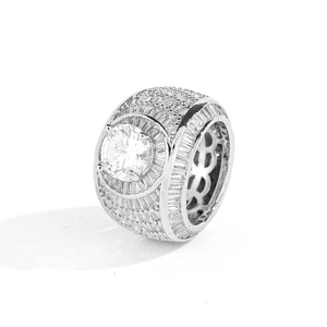 Macro shot of silver wide-band hip hop ring with large round zircon and pavé settings