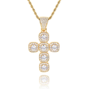 Collier pendentif croix hip hop plaqué or avec zircons ronds et chaîne de corde tressée