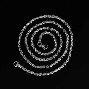 Detailed view of a silver rope chain necklace with a lobster clasp on black background