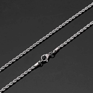 Detailed close-up of a silver stainless steel rope chain with a sturdy lobster clasp