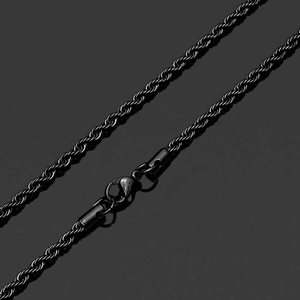 Detail of black stainless steel rope chain with secure lobster clasp and matte finish