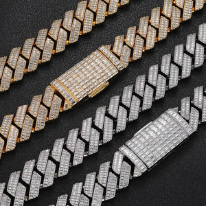 20mm gold and silver iced out baguette cubic zirconia Cuban link chain hip hop necklace