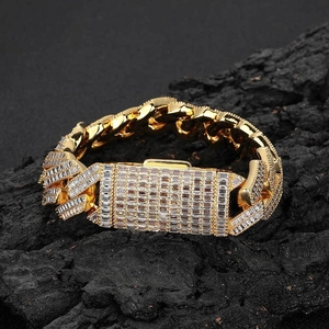 Bracelet gourmette 20mm en or de luxe avec double rangée de zircons cubiques carrés T