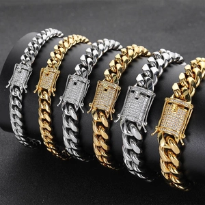 Hip Hop Men Stainless Steel Cuban Link Bracelet Iced Out Zirconia Clasp Heavy Metal Curb Chain Streetwear Jewelry Gift