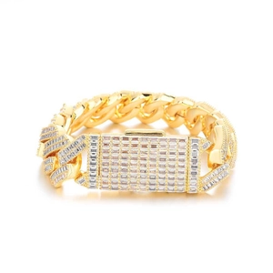 Bracelet cubain 20mm doré pour homme avec double rangée de zircons cubiques en forme de T