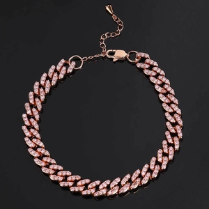 Tobillera de eslabones cubanos de 9mm en oro rosa con circonitas rosas y ajustable