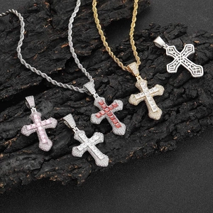 Collane con ciondolo a croce hip hop con zirconi multicolore e catena intrecciata