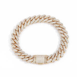 Bracelet gourmette 10mm plaqué or pour hommes avec double rangée de diamants et fermoir carré