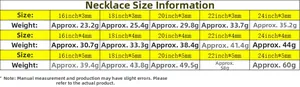 Size chart for tennis chain necklace with length 16-24 inch and width 3-5mm specifications