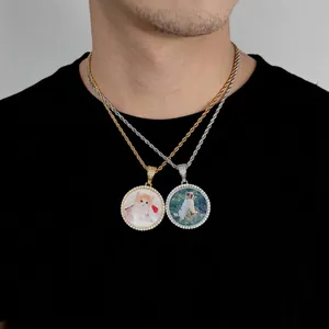 Rundes Foto-Medaillon mit Zirkonia-Steinen und Seilkette in Gold und Silber Optik