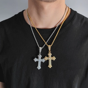 Hip hop cross pendant necklaces in gold and silver with zircon stones and rope chains