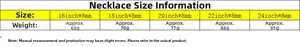 Size chart showing 8mm zircon necklace weights for lengths 16 to 24 inches