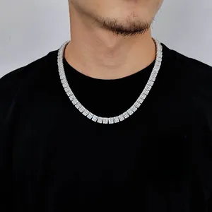 Detail shot of 8mm square-cut cubic zirconia tennis chain on a male model outfit