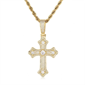 Hip hop gold cross pendant necklace with micro-paved cubic zirconia on rope chain