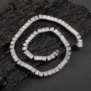 8mm Silver hip hop tennis necklace featuring rectangle cut cubic zirconia stones on wood
