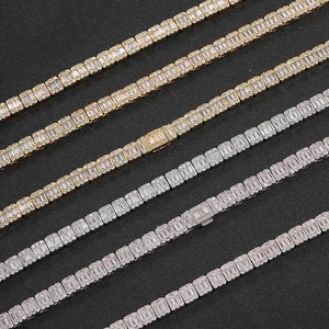 Iced out 8mm tennis chain with baguette cut zircons in gold and silver plating