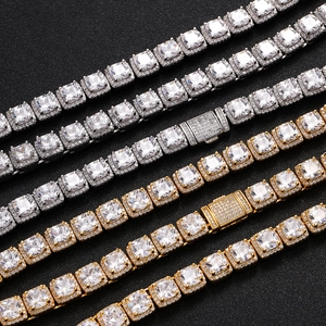 Hip hop square-cut tennis chain necklace with halo zircon setting in gold and silver