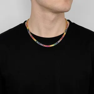Collier tennis pour homme en or 4mm avec pierres de zircone carrées arc-en-ciel
