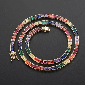 Collier Hip Hop 4mm Chaîne Tennis Zircone Carrée Arc-en-Ciel pour Hommes Femmes Cuivre Plqué Or Platine Bijoux Cadeau