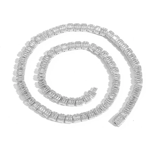 Macro view of 8mm iced out silver chain with micro-paved cubic zirconia stones
