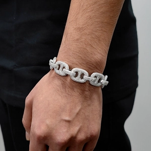 Bracelet homme 16mm à maillons nez de cochon en argent serti de zircons style hip hop
