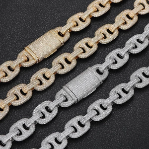 Ensemble de Bijoux Hip Hop Maillon Marine Incrustation Zircone Cuivre Collier et Bracelet Nez de Cochon Or Argent Iced Out Accessoires de Fête