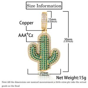 Detailed size chart showing dimensions of the hip hop gold cactus pendant with AAA+ zircon
