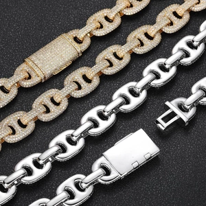 Chaînes hip hop 16mm maille marine nez de cochon en or serti et argent poli brillant