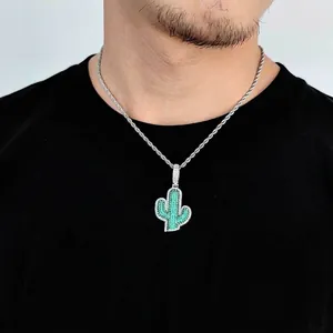 Hip-hop cactus pendant with green and white zircons on a silver rope chain