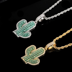Hip hop style solid cactus pendant necklace with micro-set green and white zircons