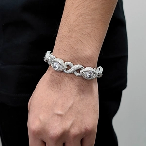 Men's silver-toned hip hop Cuban bracelet with evil eye links and micro pave zircons