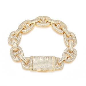 Bracelet hip-hop 16mm en or à mailles groin de porc avec pierres en oxyde de zirconium