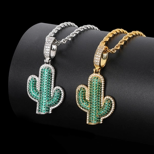 Hip Hop Cactus Pendant Necklace Copper Zirconia Iced Out Green White Stone Jewelry For Men Gold Silver Rope Chain Accessories