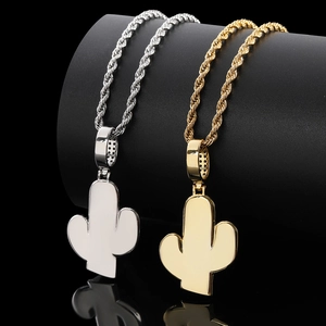 Hip-hop cactus pendant necklace with cubic zirconia in polished gold and silver finishes