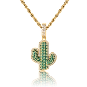 Hip hop cactus pendant necklace with green and white cubic zirconia on gold rope chain