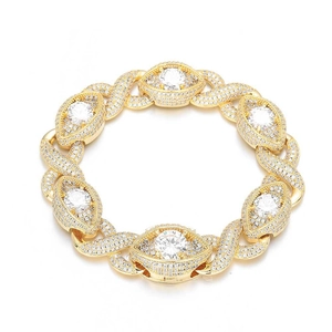 Iced out evil eye infinity cuban link bracelet in gold plating with sparkling zircons