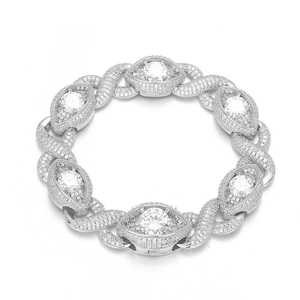 Close-up of eye-shaped silver chain links with micro-pave cubic zirconia on the bracelet