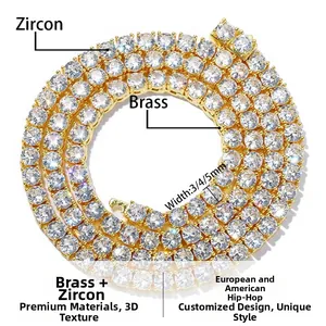 Detail view of 3mm to 5mm gold plated brass tennis chain necklace with clear zircon stones