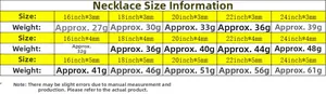 Detailed size chart for tennis chain necklaces showing width, length and weight in grams