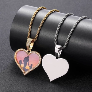 Pendentif cœur personnalisé pour photo avec zircons et chaîne corde en or et argent