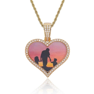 Pendentif cœur personnalisé pour photo avec cadre doré et bordure en zircons brillants