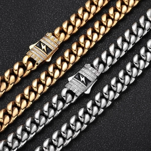 Hip Hop Stainless Steel Cuban Chain Jewelry Set Gold Steel Zirconia Lightning Bolt Clasp Necklace And Bracelet For Men Women