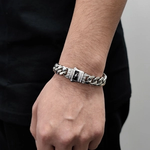 Mens stainless steel Cuban bracelet with lightning bolt enamel and baguette zircon inlay