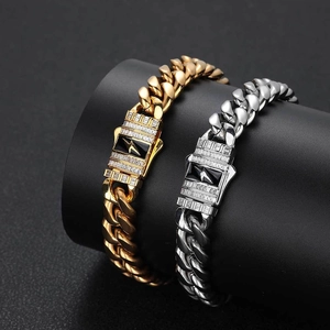 Hip hop cuban chain bracelets in gold and silver with zircon lightning bolt centerpiece