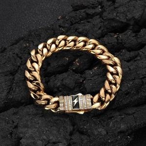 Hip hop gold Cuban link bracelet with lightning bolt clasp and cubic zirconia stones