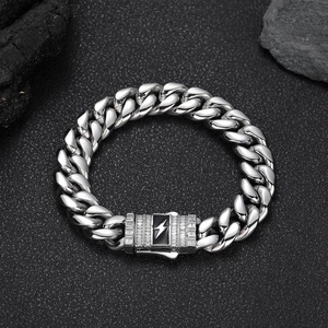 Cuban link bracelet in stainless steel with lightning bolt charm and pave crystals