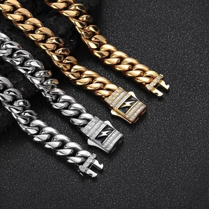 Polished stainless steel Cuban necklaces with lightning bolt zircon buckles in gold and silver